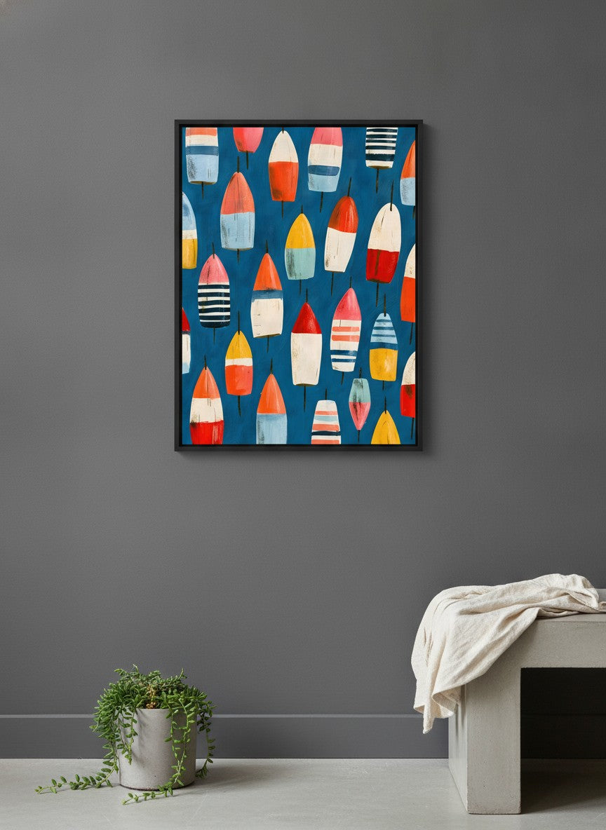 Colorful Nautical Buoy Art art print shown in a charcoal minimal black setting