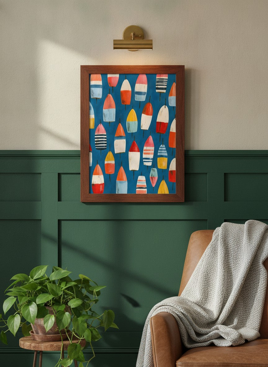 Colorful Nautical Buoy Art art print shown in a forest green walnut setting