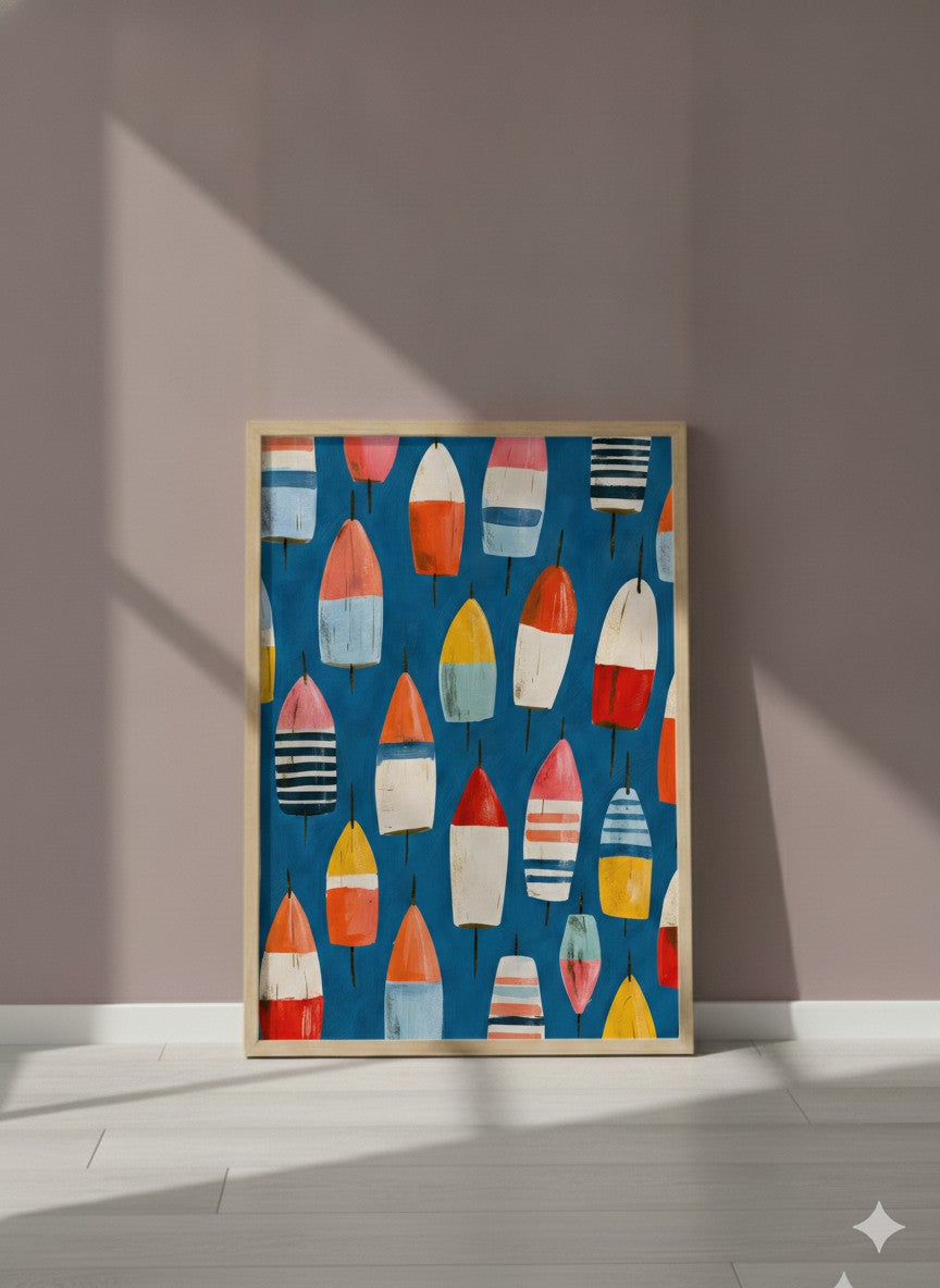 Colorful Nautical Buoy Art art print shown in a purple setting
