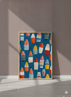Colorful Nautical Buoy Art art print shown in a purple setting