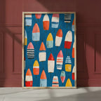 Colorful Nautical Buoy Art art print shown in a red setting