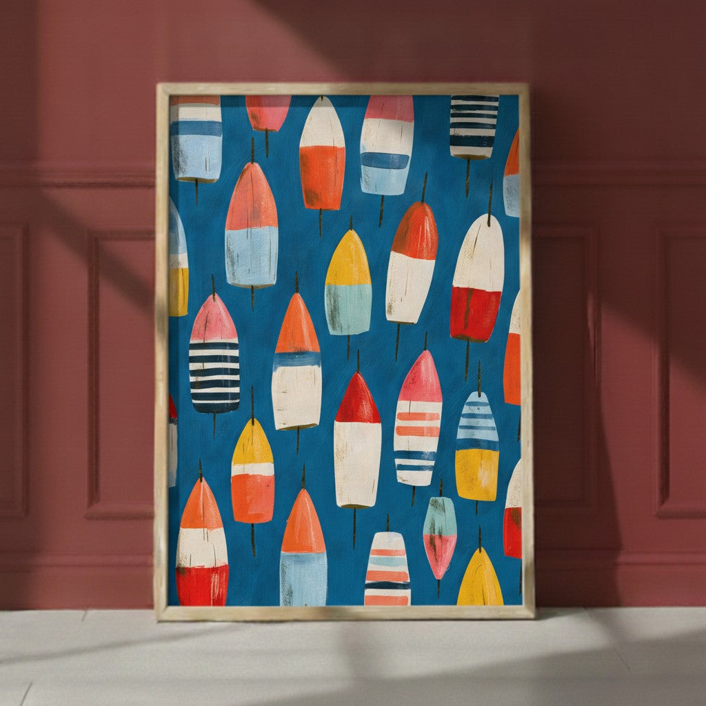 Colorful Nautical Buoy Art art print shown in a red setting