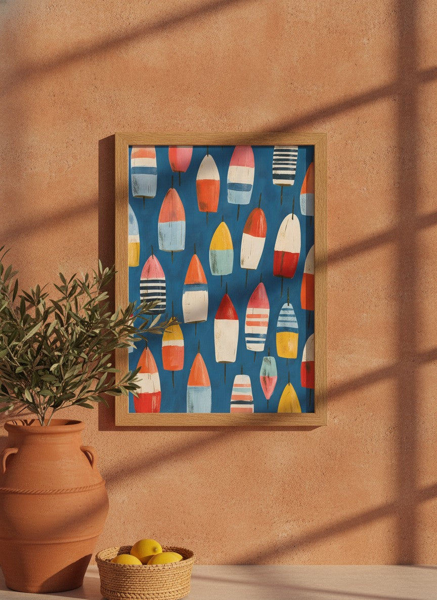 Colorful Nautical Buoy Art art print shown in a terracotta rustic setting