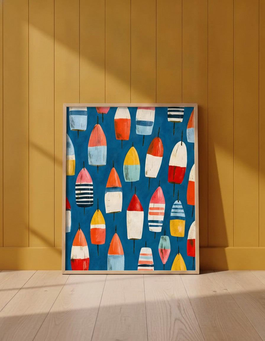 Colorful Nautical Buoy Art art print shown in a yellow wall setting