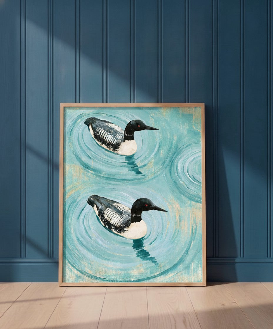 Common Loon Pair Painting art print shown in a blue 1 setting