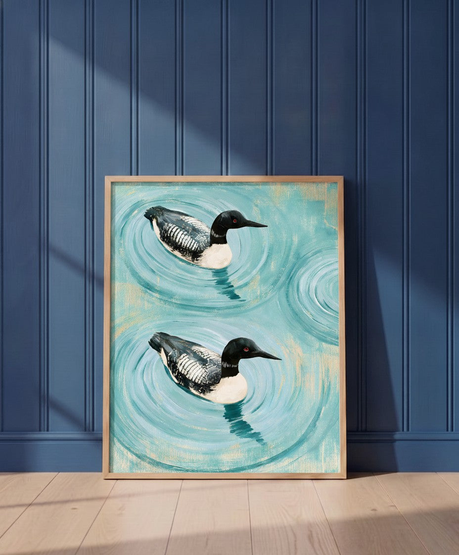 Common Loon Pair Painting art print shown in a blue wall paneled setting