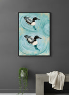 Common Loon Pair Painting art print shown in a charcoal minimal black setting