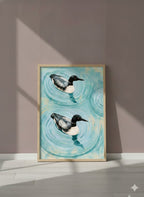 Common Loon Pair Painting art print shown in a purple setting