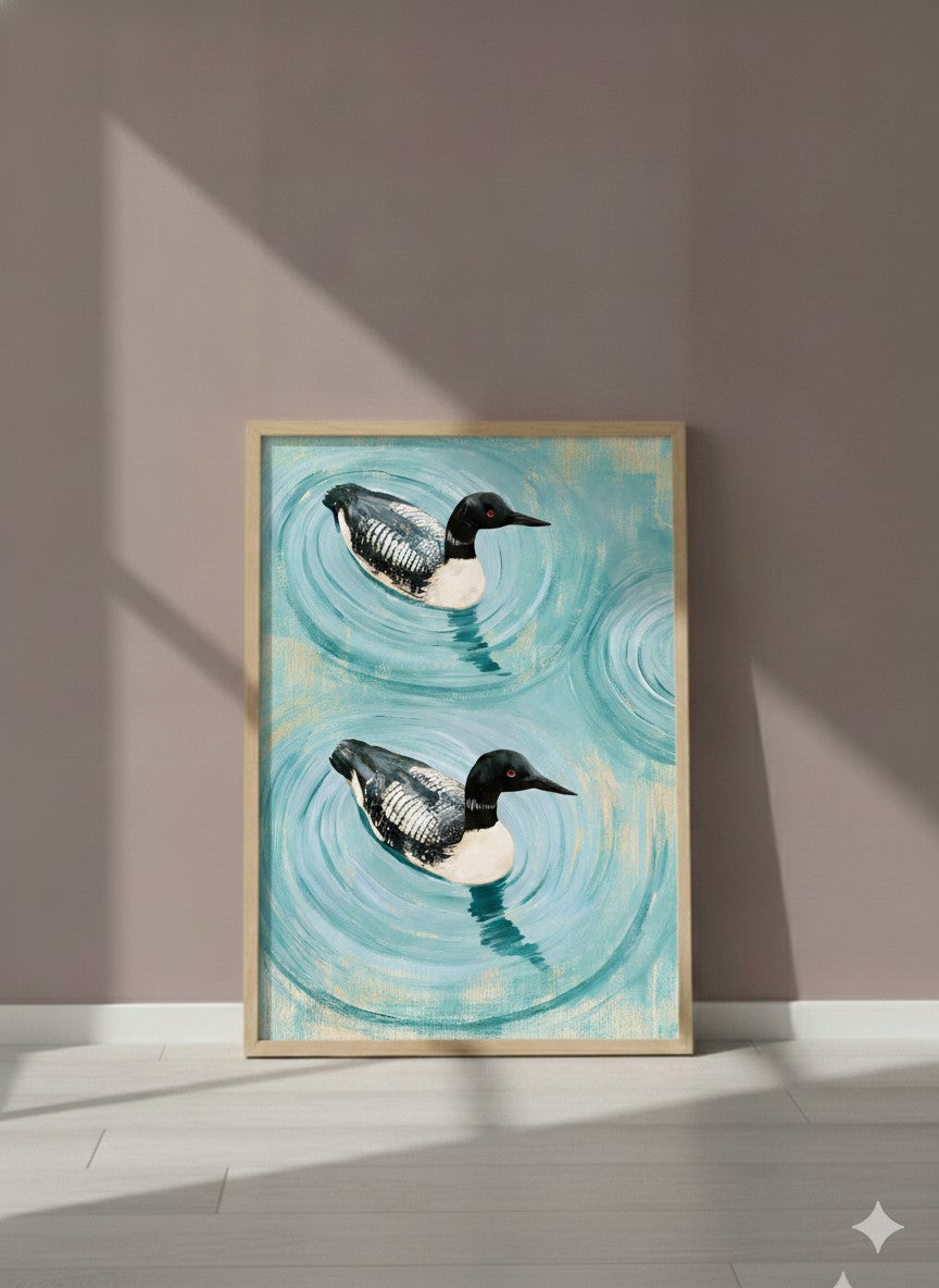 Common Loon Pair Painting art print shown in a purple setting