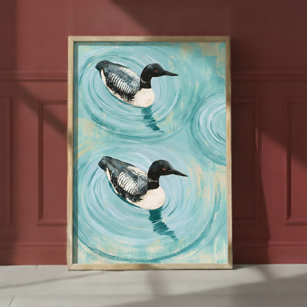 Common Loon Pair Painting art print shown in a red setting