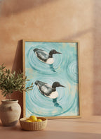 Common Loon Pair Painting art print shown in a terracotta rustic setting