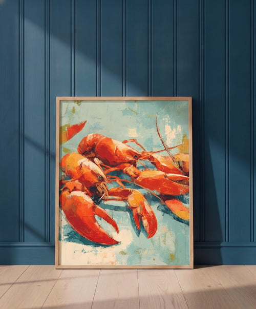 Abstract Lobster Oil Painting art print shown in a blue 1 setting
