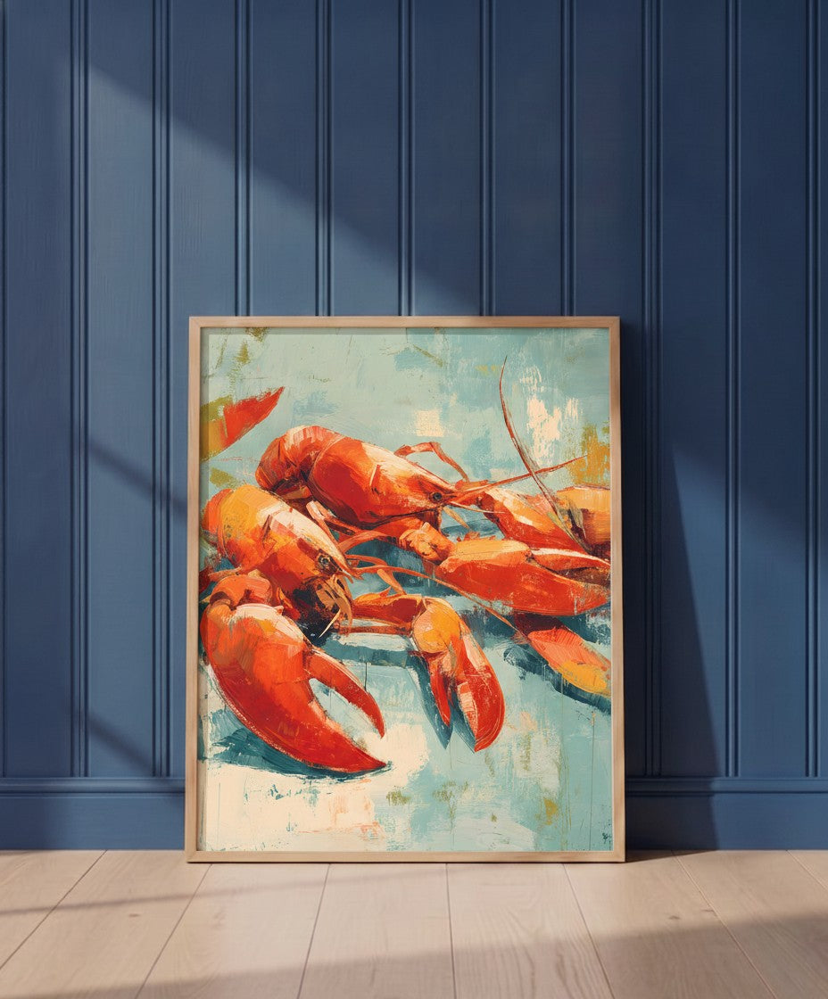 Abstract Lobster Oil Painting art print shown in a blue wall paneled setting