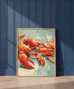 Abstract Lobster Oil Painting art print shown in a blue wall paneled setting