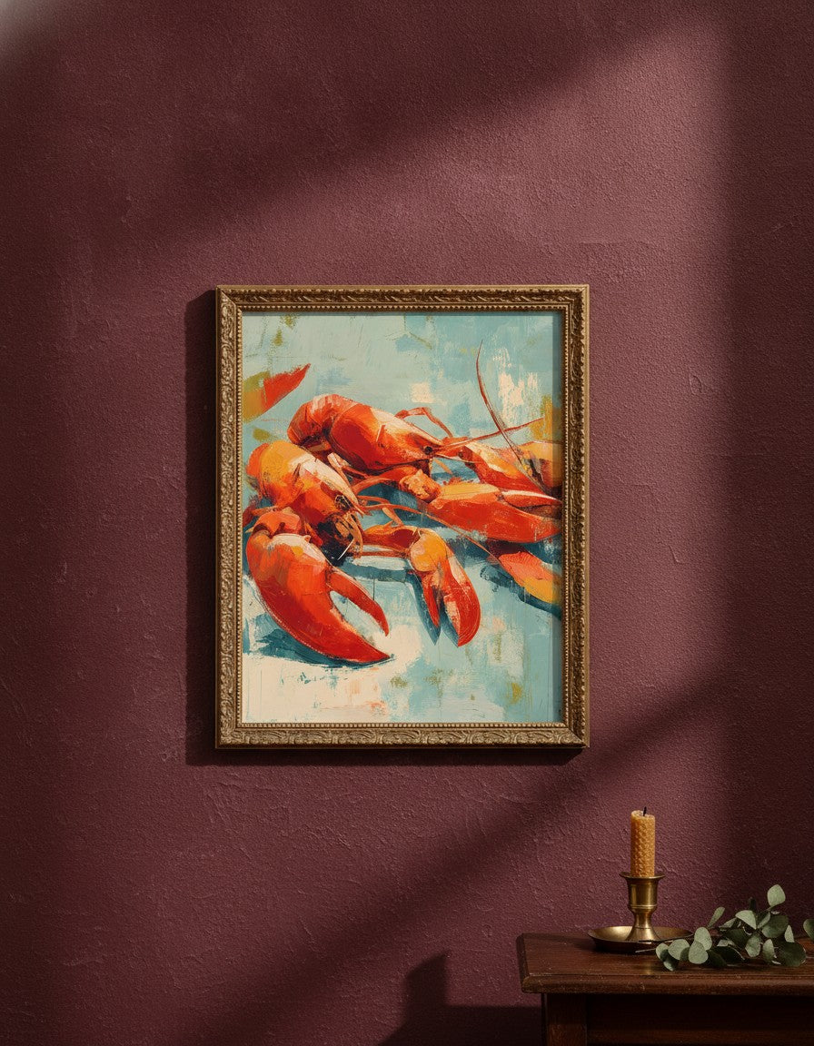 Abstract Lobster Oil Painting art print shown in a burgundy brass setting