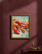 Abstract Lobster Oil Painting art print shown in a burgundy brass setting