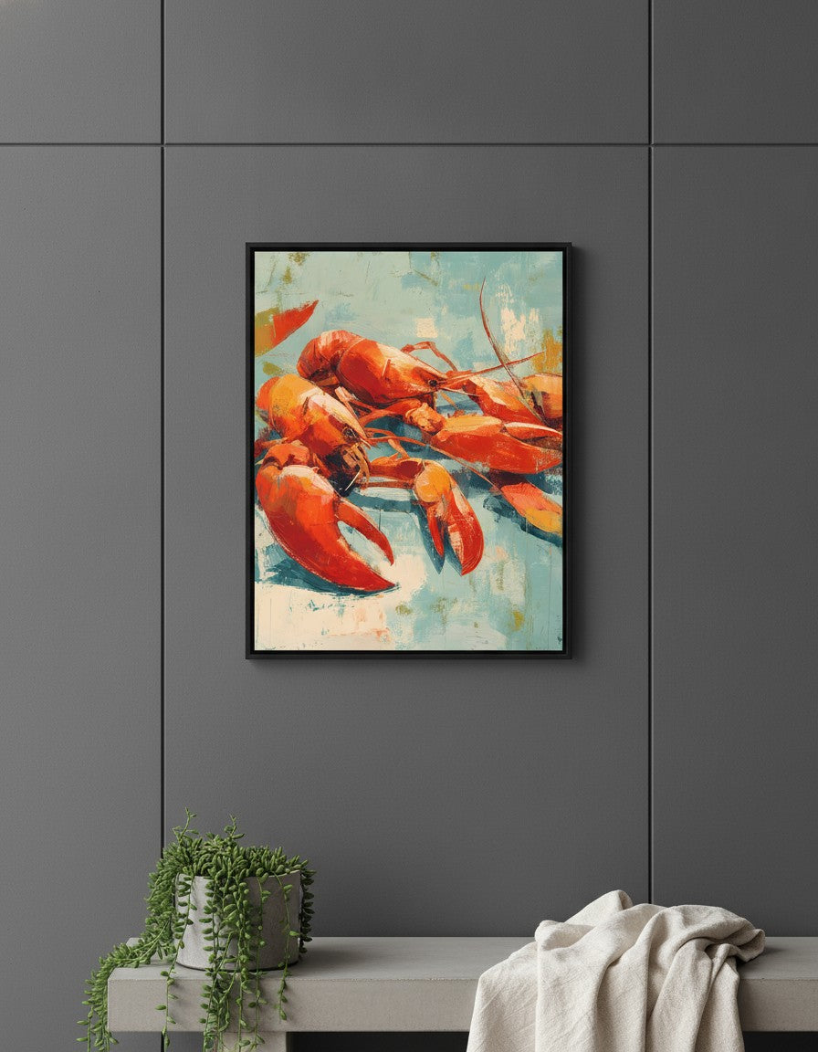 Abstract Lobster Oil Painting art print shown in a charcoal minimal black setting