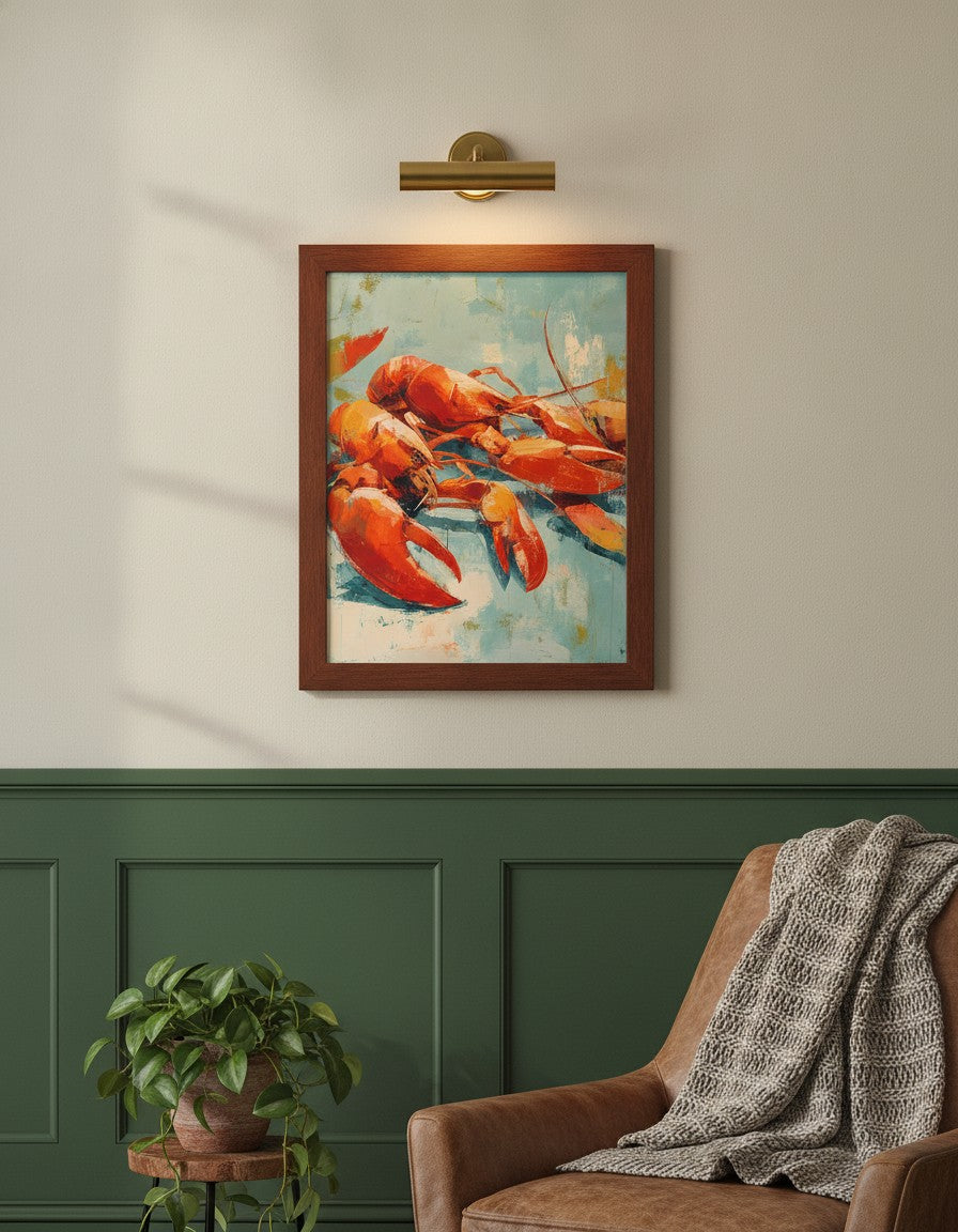Abstract Lobster Oil Painting art print shown in a forest green walnut setting