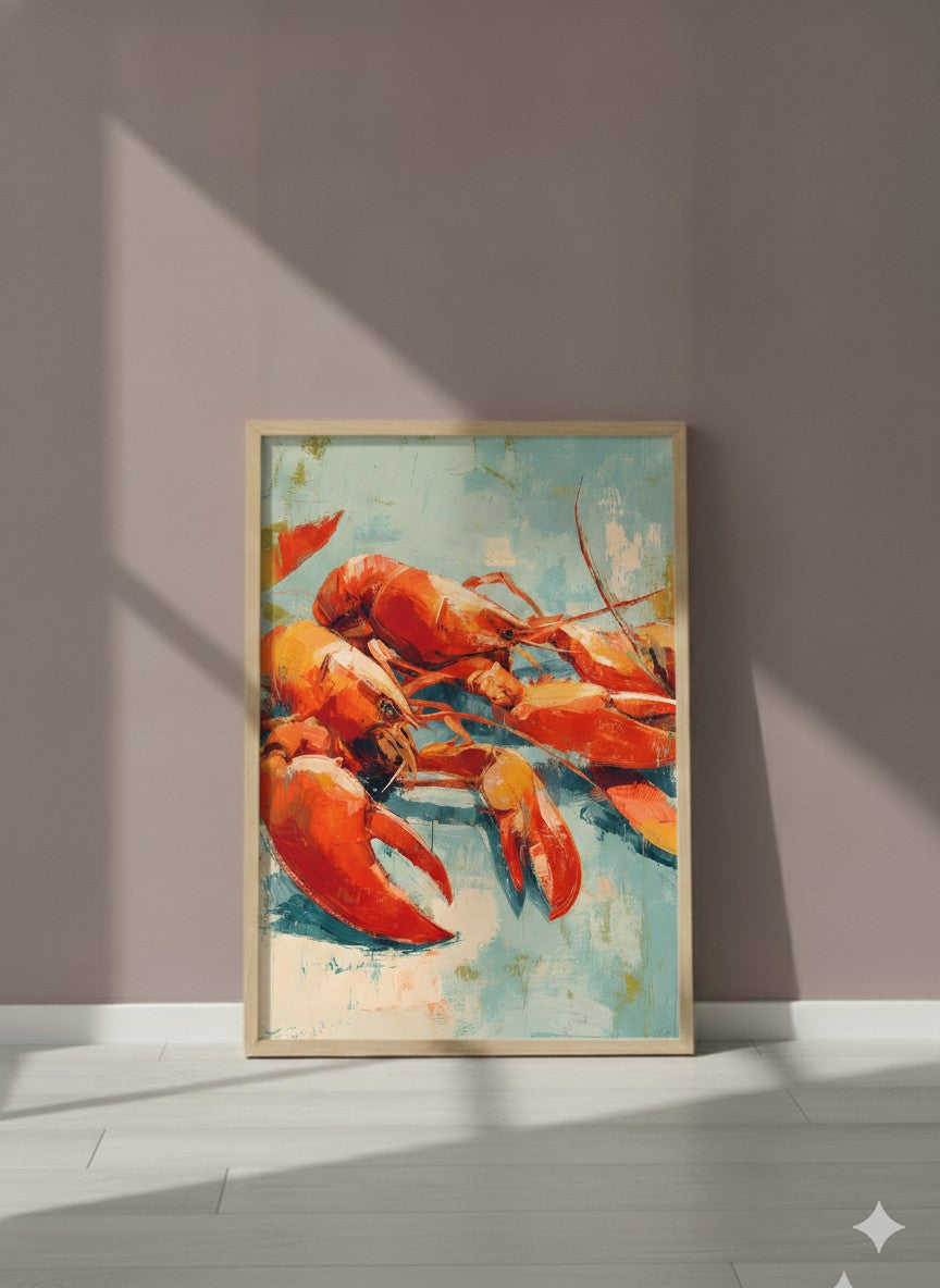 Abstract Lobster Oil Painting art print shown in a purple setting
