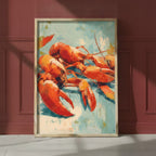 Abstract Lobster Oil Painting art print shown in a red setting