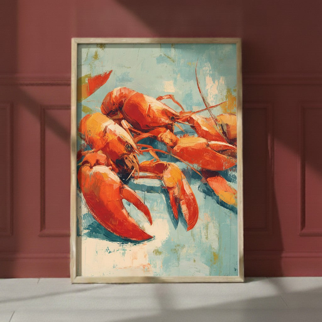 Abstract Lobster Oil Painting art print shown in a red setting