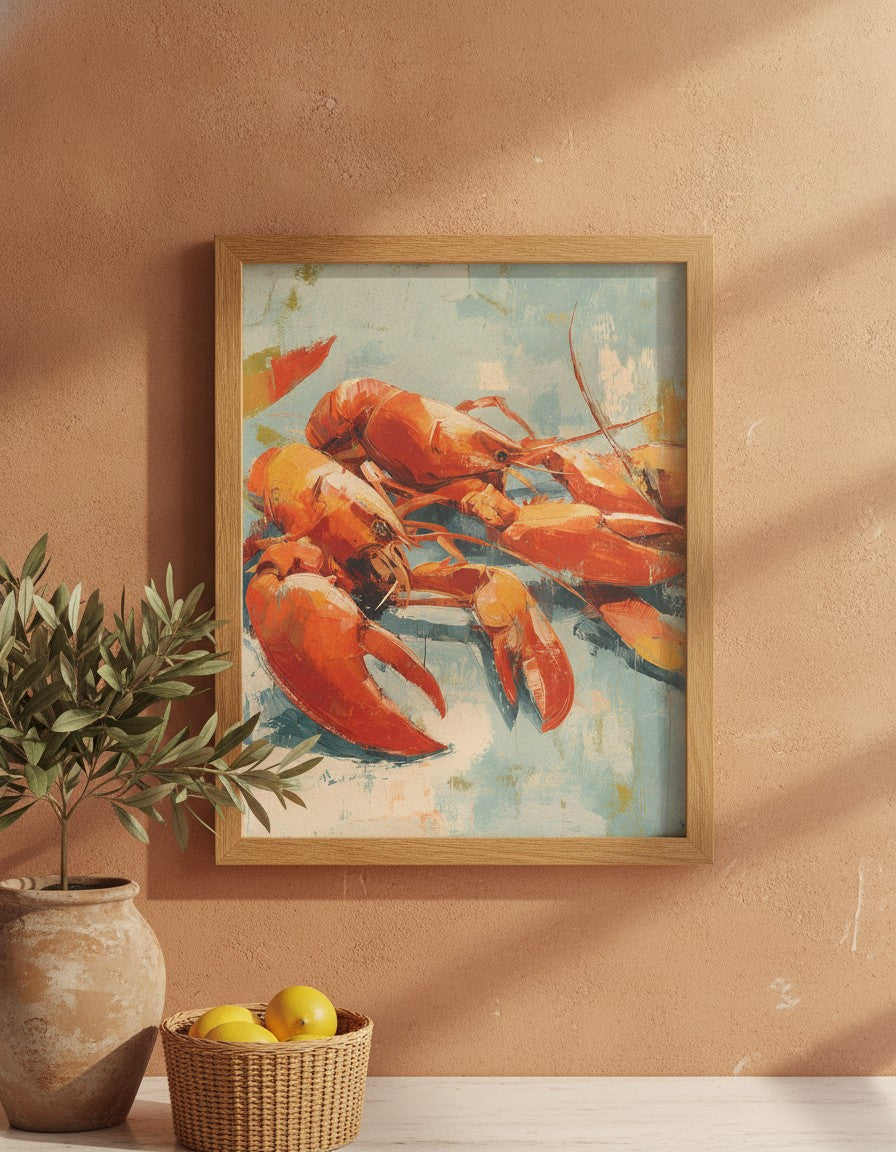 Abstract Lobster Oil Painting art print shown in a terracotta rustic setting
