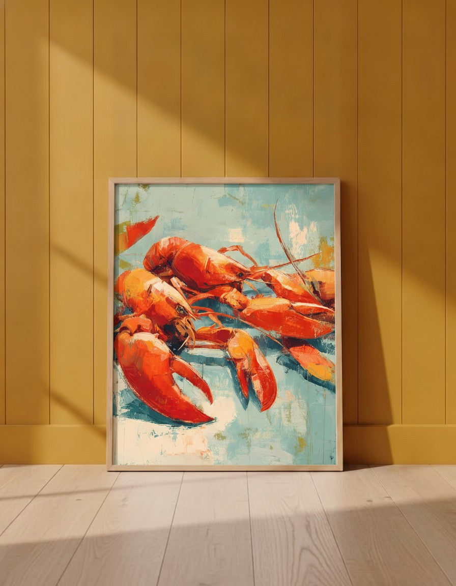 Abstract Lobster Oil Painting art print shown in a yellow wall setting