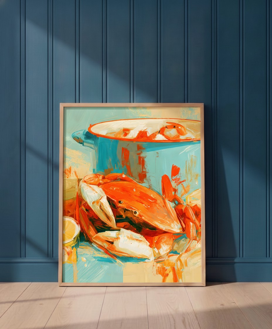 Coastal Crab Still Life Art art print shown in a blue 1 setting