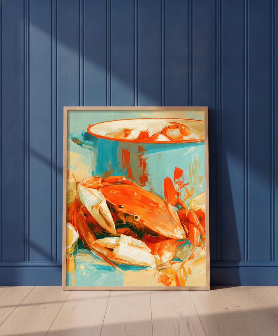 Coastal Crab Still Life Art art print shown in a blue wall paneled setting