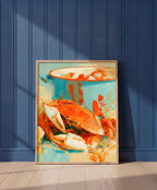 Coastal Crab Still Life Art art print shown in a blue wall paneled setting