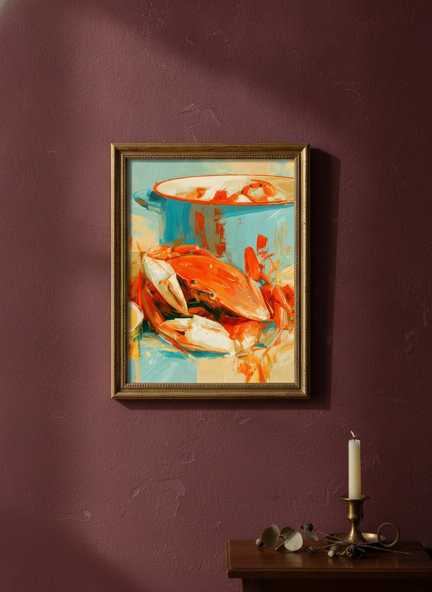 Coastal Crab Still Life Art art print shown in a burgundy brass setting