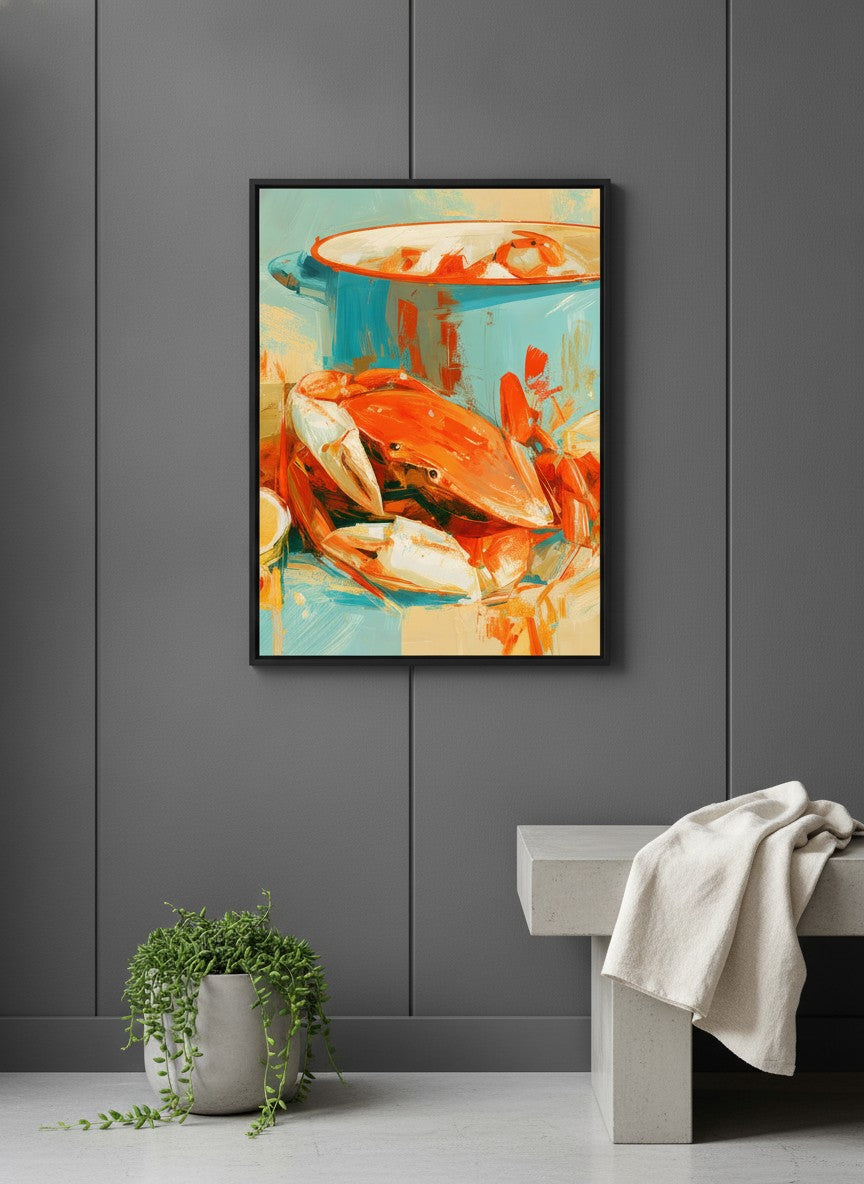 Coastal Crab Still Life Art art print shown in a charcoal minimal black setting