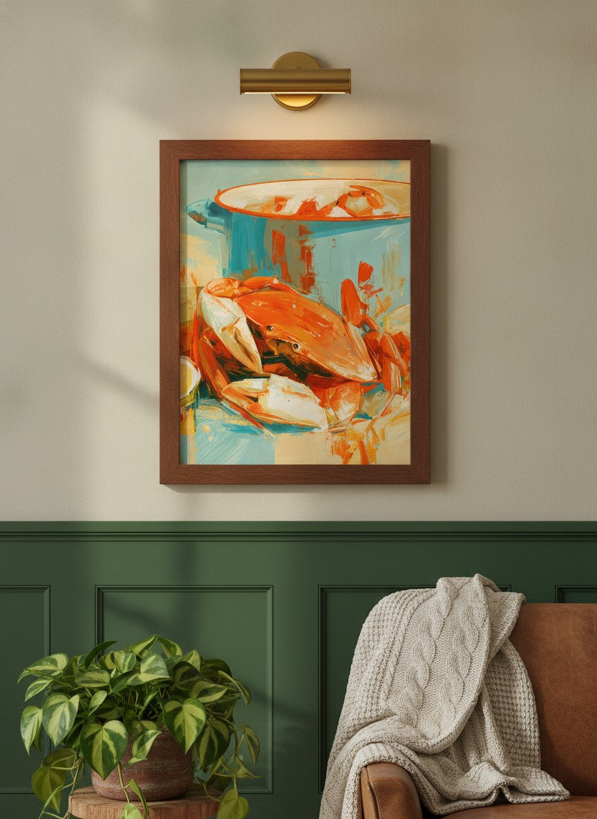 Coastal Crab Still Life Art art print shown in a forest green walnut setting