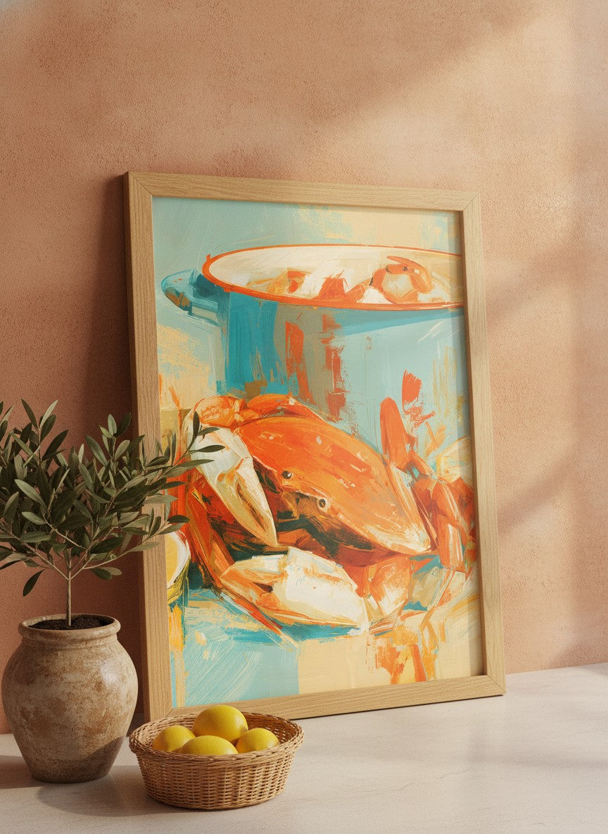 Coastal Crab Still Life Art art print shown in a terracotta rustic setting