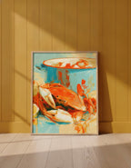 Coastal Crab Still Life Art art print shown in a yellow wall setting