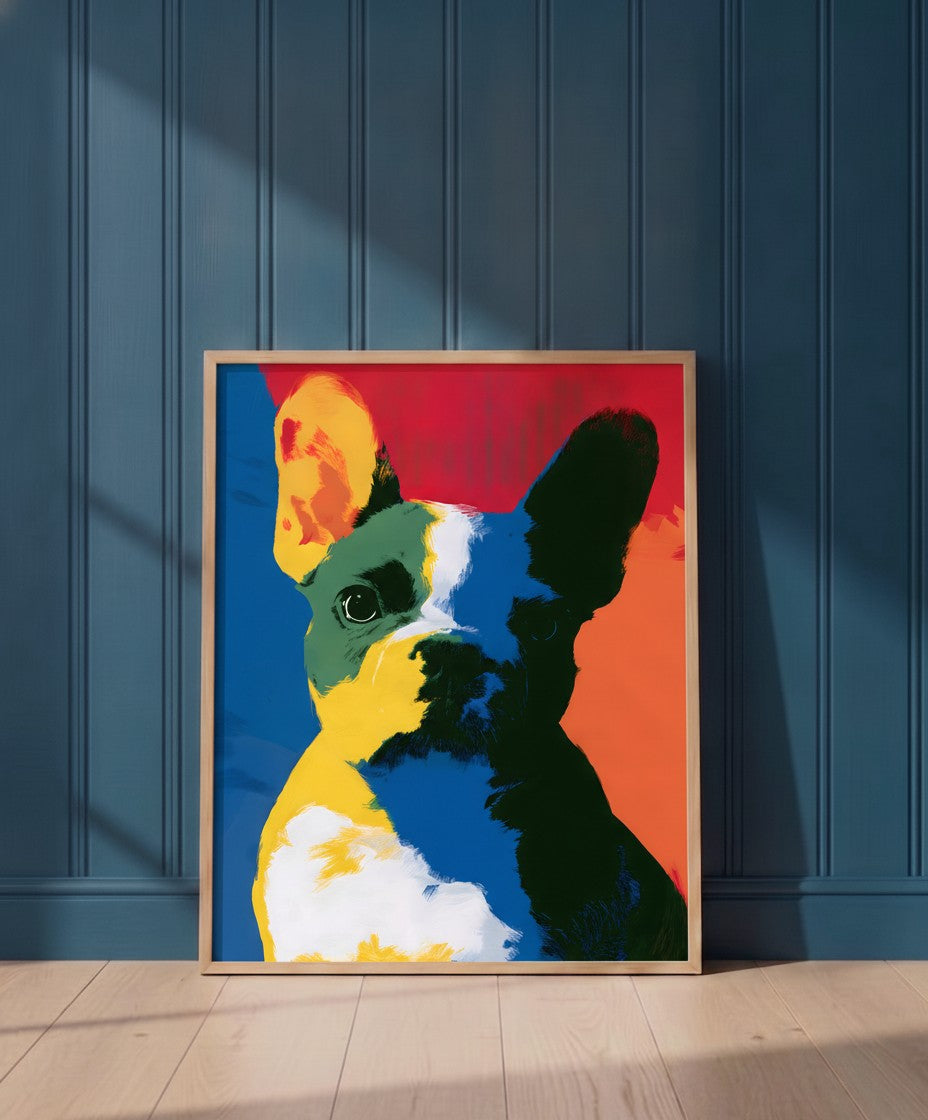 Pop Art French Bulldog Print art print shown in a blue 1 setting