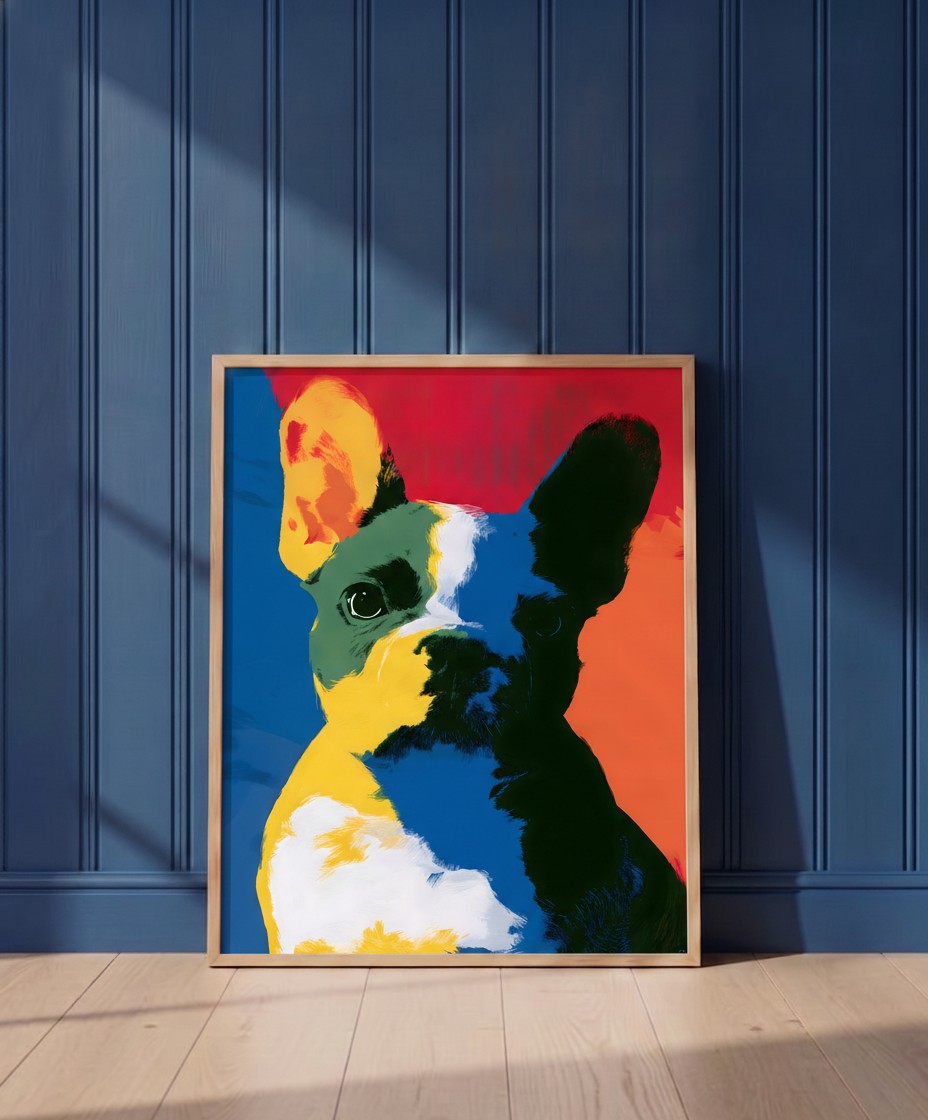 Pop Art French Bulldog Print art print shown in a blue wall paneled setting