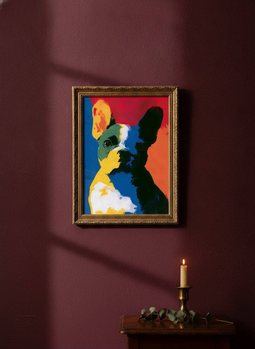 Pop Art French Bulldog Print art print shown in a burgundy brass setting