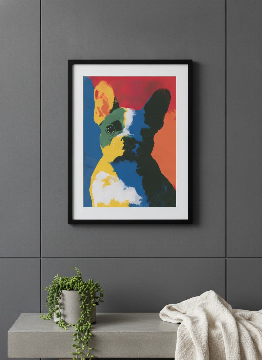 Pop Art French Bulldog Print art print shown in a charcoal minimal black setting