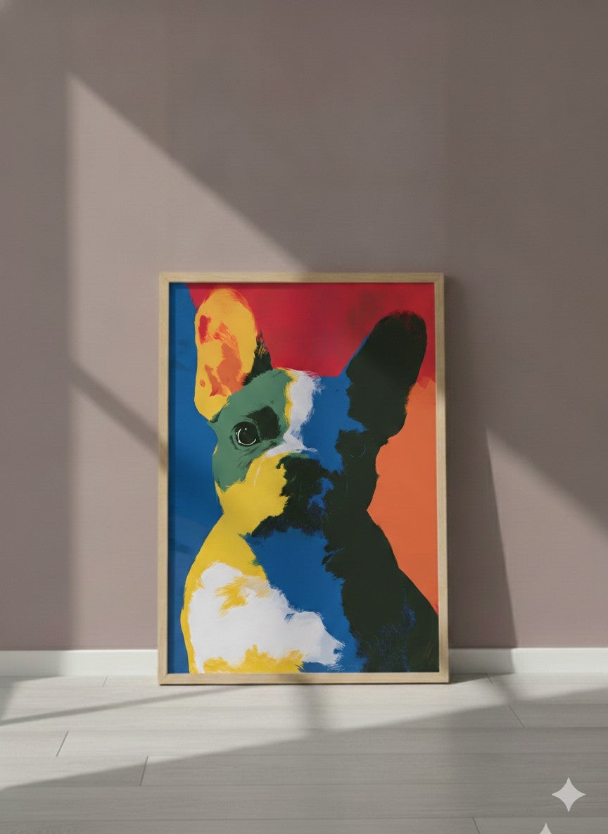 Pop Art French Bulldog Print art print shown in a purple setting