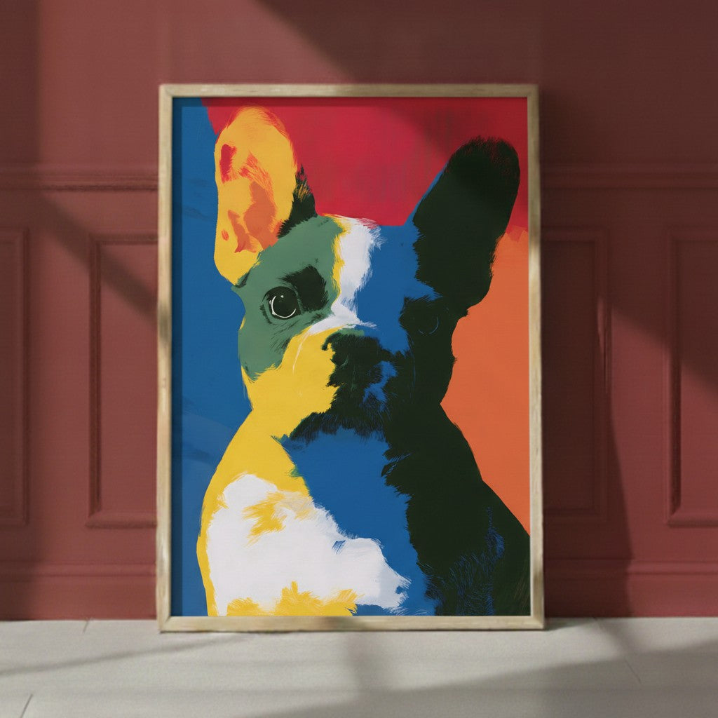 Pop Art French Bulldog Print art print shown in a red setting