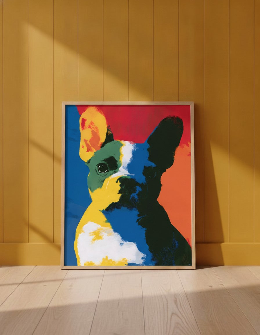 Pop Art French Bulldog Print art print shown in a yellow wall setting