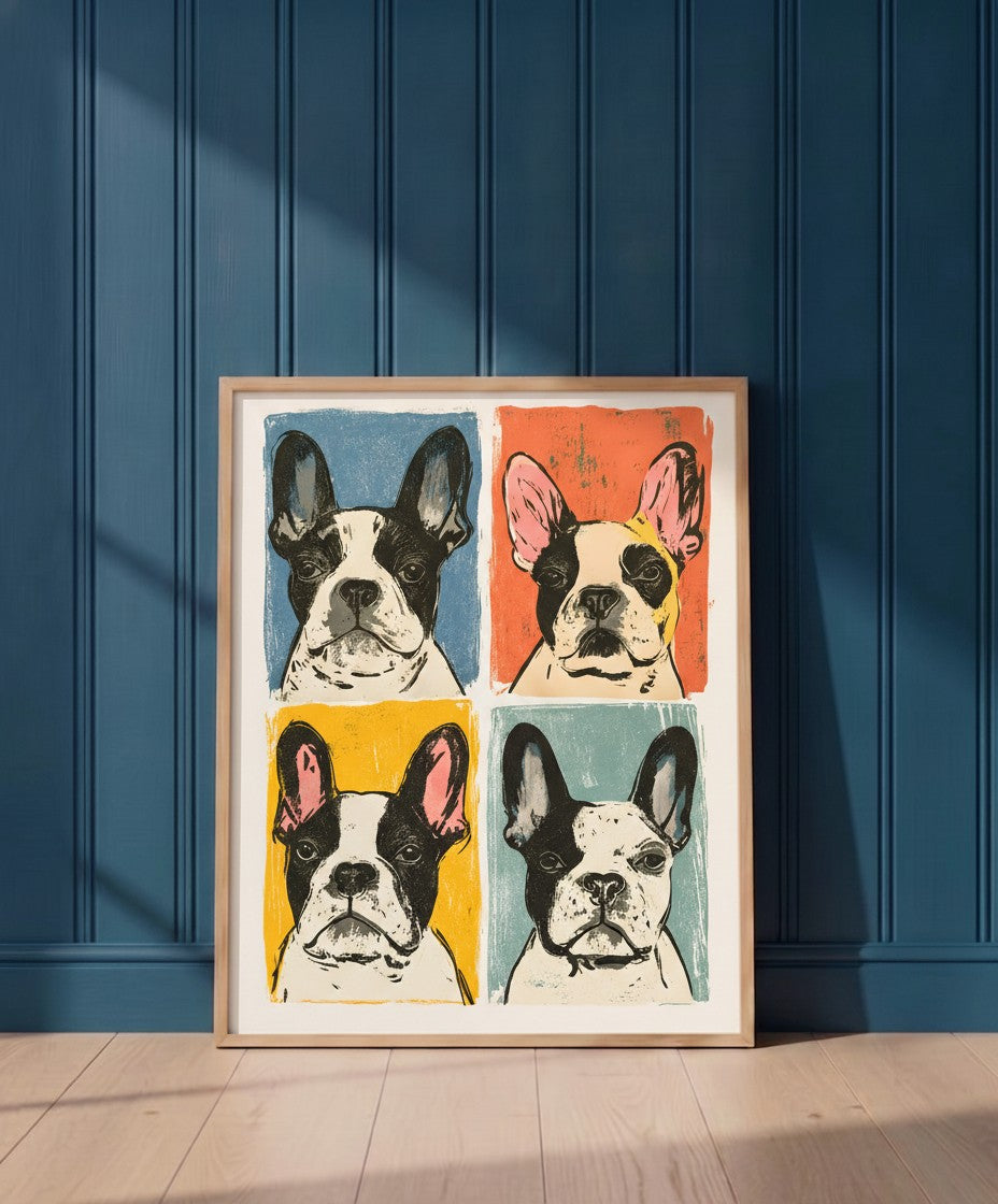 French Bulldog Pop Art Print art print shown in a blue 1 setting