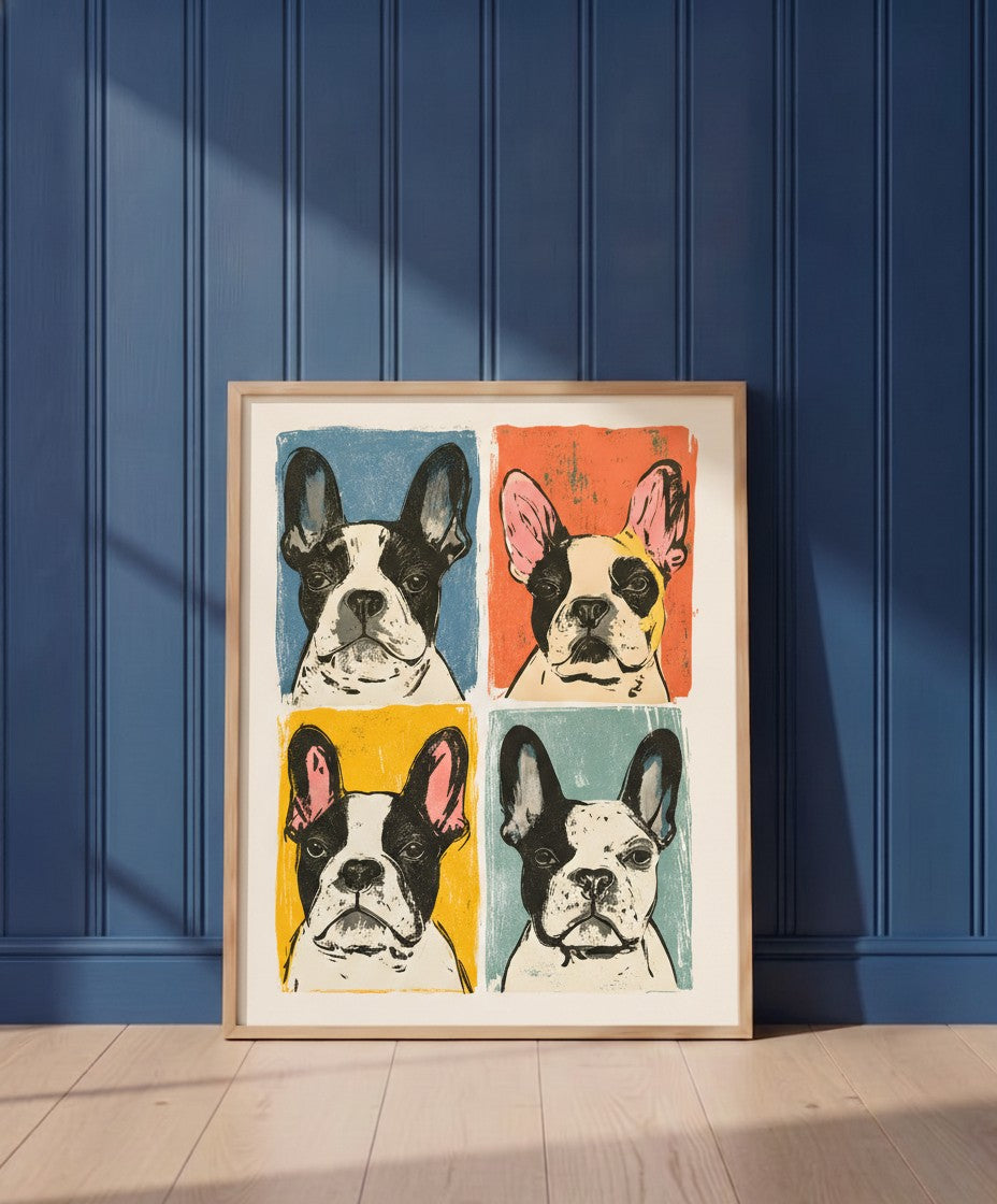 French Bulldog Pop Art Print art print shown in a blue wall paneled setting