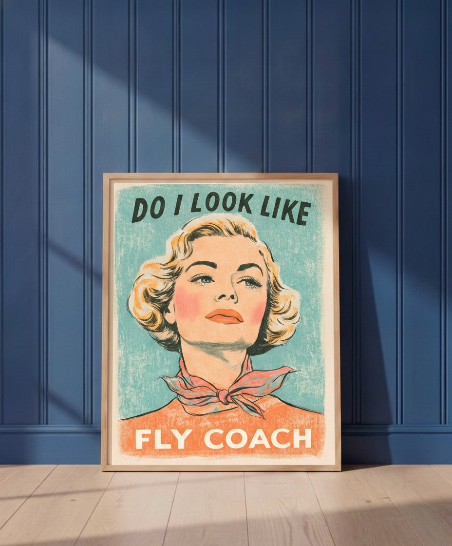 Retro Sassy Woman Poster art print shown in a blue wall paneled setting