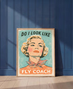 Retro Sassy Woman Poster art print shown in a blue wall paneled setting