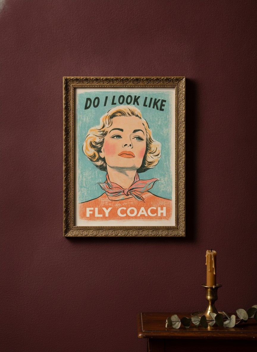 Retro Sassy Woman Poster art print shown in a burgundy brass setting