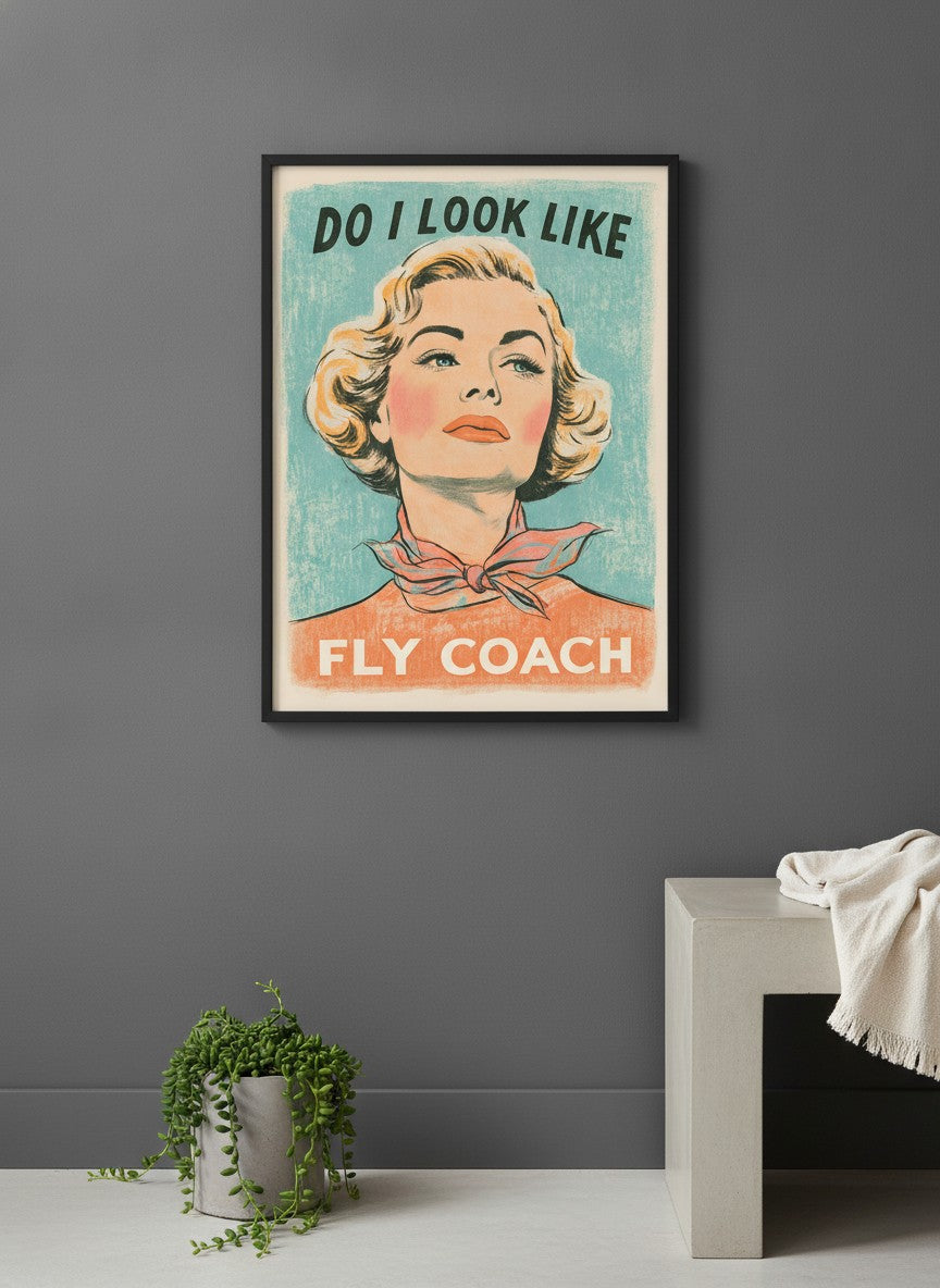Retro Sassy Woman Poster art print shown in a charcoal minimal black setting