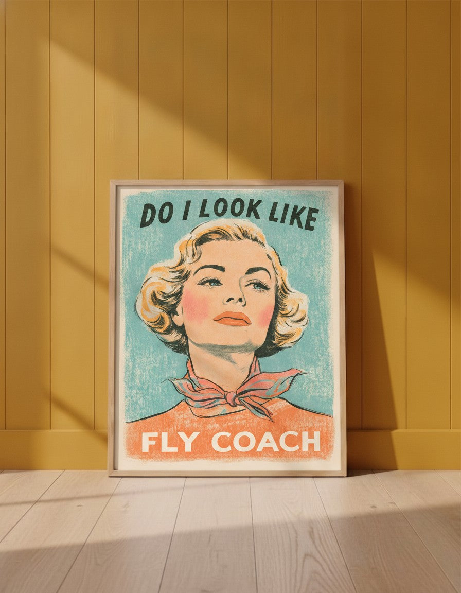 Retro Sassy Woman Poster art print shown in a yellow wall setting