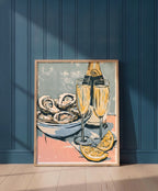 Oysters Champagne Still Life Art art print shown in a blue 1 setting
